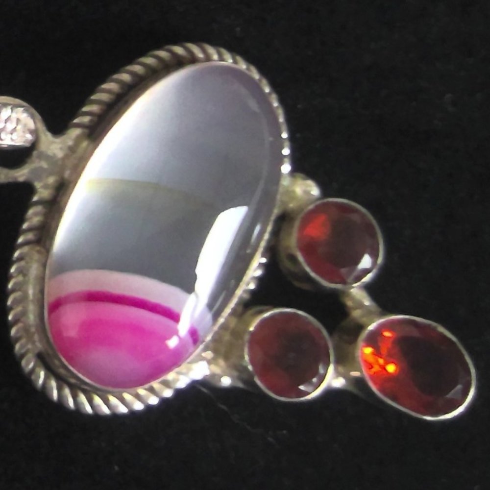Sterling 925 Silver Pendant Pink Agate Fire Opals